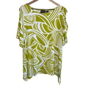 Chico's Travelers Top Size 1 (M) Chartreuse Abstract Print Cold Shoulder Stretch